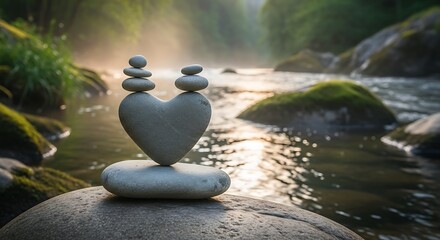 Heart shaped stone stack balanced on river rocks in misty forest sunlight