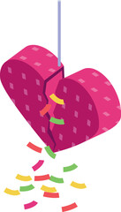 Broken heart shaped pinata releasing colorful confetti, symbolizing a breakup or the end of a relationship