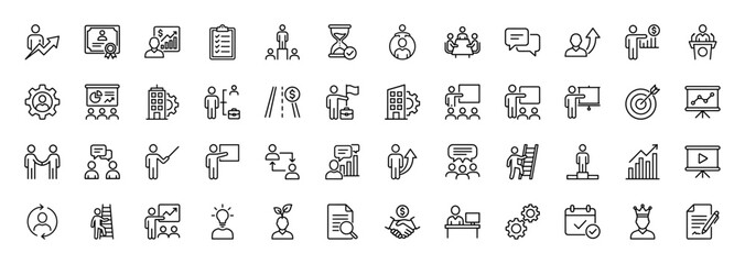 Business and career development line icon set. Vector pictograms of growth, training, coaching, presentation, and success, thin linear illustration.