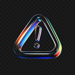 3D glass warning icon with holographic neon gradient glow isolated on dark bg. Render of liquid glass triangle attention sign. Transparent caution mark for danger, exclamation and hazard. 3D vector