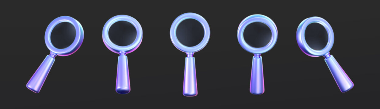 Futuristic 3D magnifying glass icons in holographic glass style. Shiny gradient search symbols with iridescent glow, perfect for UI, apps, digital design, education or technology interface. 3d vector