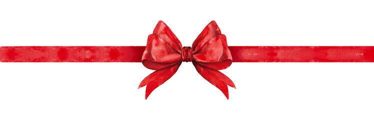 red ribbon bow gift isolated watercolor vintage hand drawn on transparent background.
