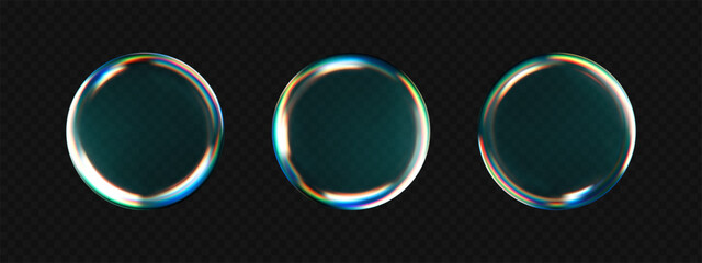 3D water drop icons set. Glossy transparent blobs with holographic rainbow edge, fluid texture and light reflections. Realistic abstract UI elements for cosmetics, serum, or futuristic design