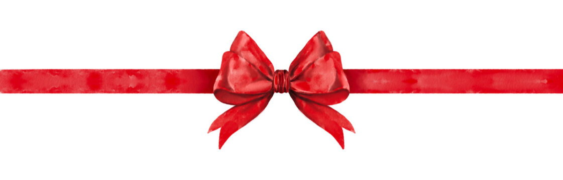 red ribbon bow gift isolated watercolor vintage hand drawn on transparent background.