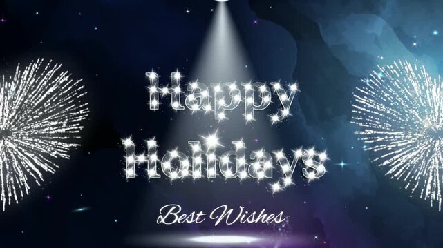 Happy Holidays Shiny Typography Texting features bright stars isolated on a Midnight Dark Blue background with fireworks to celebrate a Happy New Year, 4K Video Digital greeting cards.