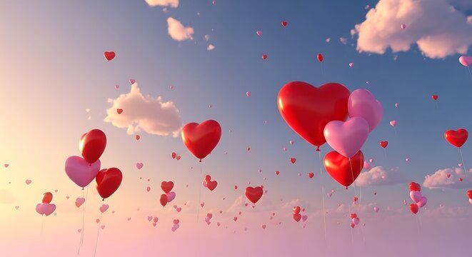 Red and pink heart shaped balloons floating in a soft pastel sky with clouds