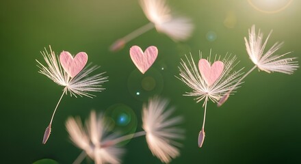 Delicate pink hearts attached to dandelion seeds floating in soft green background light