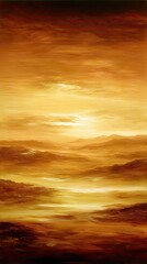 Fototapeta premium An abstract painting depicting a landscape with warm golden and brown tones, evoking a sense of drama and atmosphere.