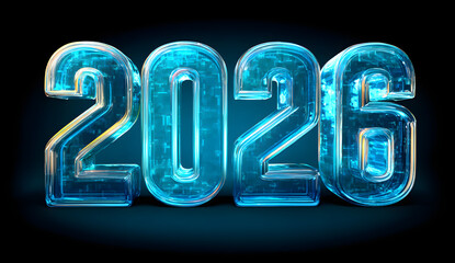 Bold 3D "2026" Happy New Year text with blue gradient outline and transparent background, perfect for celebration design templates.