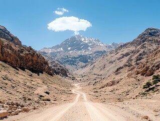 A dirt road winds through a mountain valley, leading towards a snow-capped peak under a bright blue sky with a single cloud.
