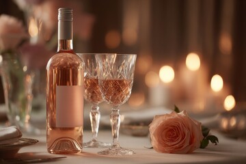 Elegant Rose Wine Bottle and Glasses with Rose, Soft Bokeh Background.