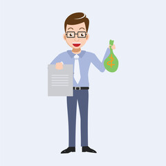 Happy Businessman Holding Money Bag and Document