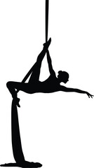 Black Silhouette of Female Aerialist Dancer Performing Acrobatic Pose on Hanging Silk Fabric Vector Illustration © Kafi