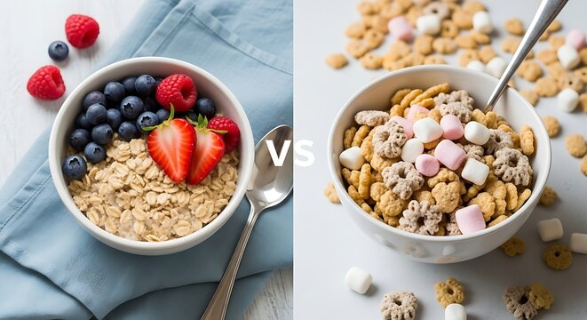 Healthy oatmeal with berries versus sugary cereal with marshmallows comparison - Powered by Adobe