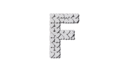White letter F made up of many small hearts on a transparent background.