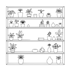 A clean monochromatic line-art illustration of a symmetrical shelving unit with five tiers, filled with an assortment of potted plants with varying leaf shapes and sizes, small boxes with lids, and de