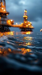 An oil rig is seen at dusk with lights reflecting on the water, creating a beautiful and dramatic scene.