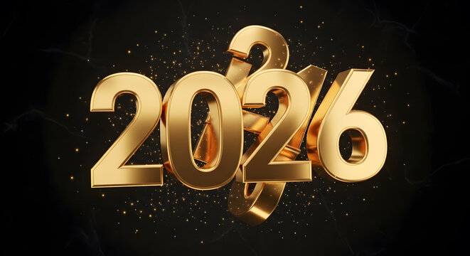 Golden 2026 numbers with sparkling confetti on black background - Powered by Adobe