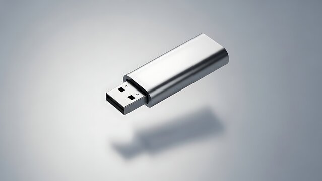 Sleek metallic silver USB flash drive floating with a soft shadow on a minimalist grey background.