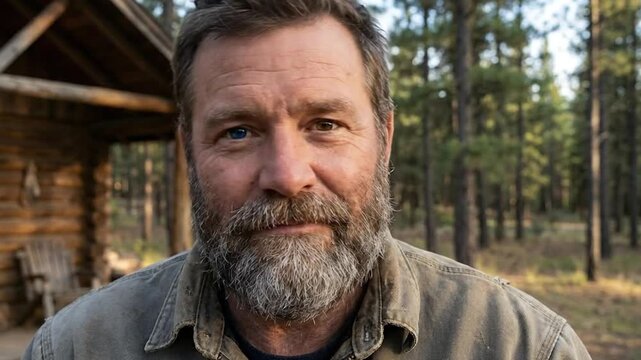 A captivating close-up portrait of a rugged, middle-aged man with a full beard, featuring striking heterochromia with one blue and one brown eye, looking directly into the camera. His weathered face c