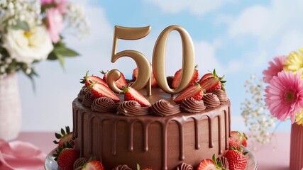 Delicious chocolate 50th birthday cake with fresh strawberries
