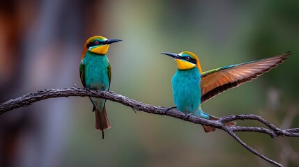 Obraz premium Colorful bee-eater bird and blue tit wildlife on a vibrant green tree branch, showing beautiful feather and beak