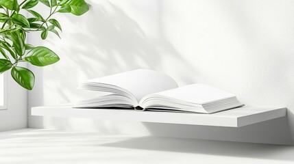 An open book sits on a white shelf with a plant and sunlight creating shadows on the wall. The image has a minimalist and clean aesthetic.