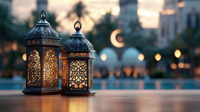 Two decorative lanterns with intricate patterns are lit up, resting on a wooden surface with a blurred cityscape background at dusk. - Powered by Adobe