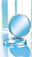 An open compact mirror reflecting light, placed on a glossy surface. The image has a blue color scheme and a clean, minimalist aesthetic.