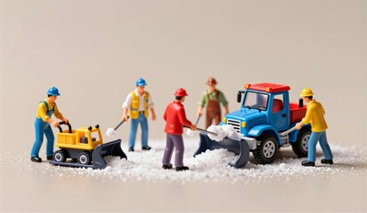Tiny construction workers clear white powder on a tabletop in a fun winter scene with toy vehicles