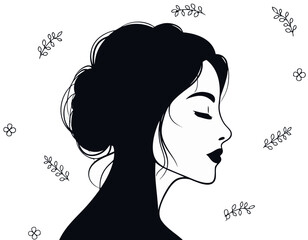 Monochromatic Profile Portrait of a Woman with Eyes Closed in a Relaxed Pose Against a Black Background with Subtle Floral Accents © faizardina