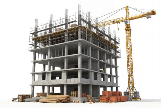 A construction site with a multi story building under construction and a yellow crane present