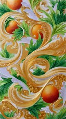 A vibrant and detailed illustration featuring oranges, green leaves, and ornate gold floral elements in a decorative design.