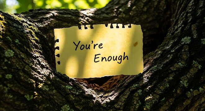 Inspirational message you re enough written on a yellow paper note attached to a tree bark