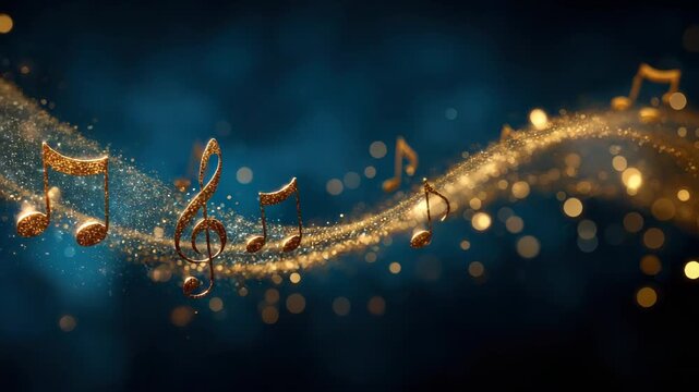 Golden Music Notes on Swirling Gold Glitter Stream with Blue Background Shimmering bokeh Effect, Musical Elegance Festive Design, High Quality Abstract Background for Festive