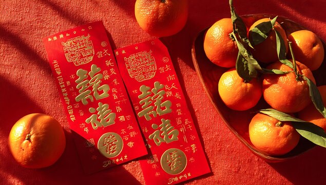 Red envelopes and tangerines symbolize good fortune during chinese new year celebrations