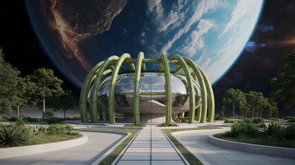 Futuristic habitat dome with bamboo supports, set against planetary backdrop.