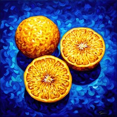 An artistic still life painting featuring three oranges, one whole and two sliced, set against a textured blue background.