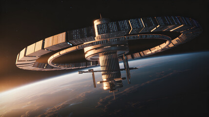 Orbital space station above Earth, futuristic space exploration, science fiction concept.