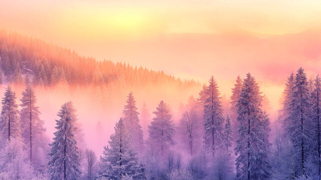 Winter sunrise reveals a tranquil landscape of frost-covered pines in soft pastel hues - Powered by Adobe