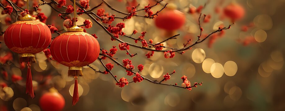 Festive red lanterns hanging from branches a beautiful chinese new year scene - Powered by Adobe
