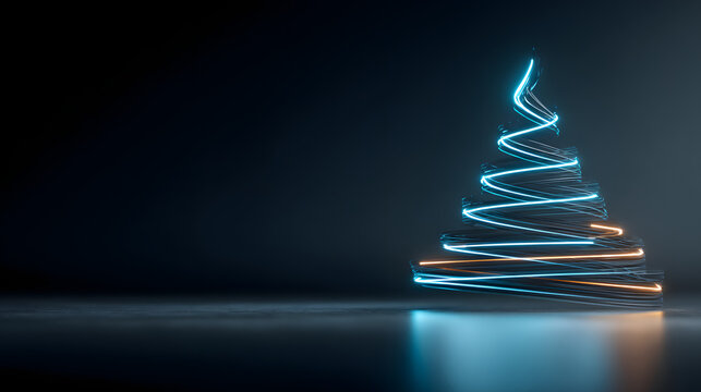 Blue glowing neon Christmas tree in minimalist abstract design, elegant fir illustration with copy space for your advertising, holiday banner concept. Merry Christmas,Happy New Year 2026