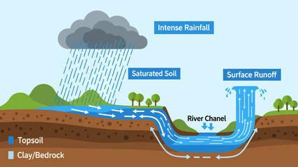 Illustrative diagram showcasing surface water runoff dynamics. Demonstrates how heavy precipitation saturates soil, causing rainwater flow into river channels