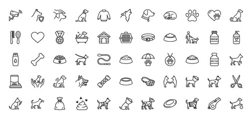 Pet care outline icon set. Vector pictograms of dog grooming, medicine, food bowls, collar, leash, and dog house, thin linear illustration.