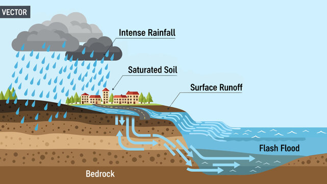 Illustrative diagram detailing the natural process of intense rainfall, showcasing soil saturation, surface runoff, and the resulting dangerous flash floods