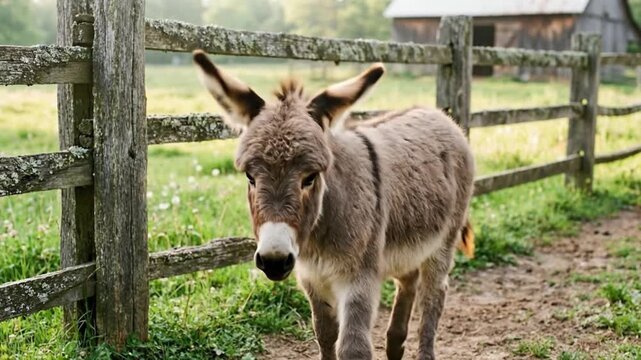 A charming and fluffy young donkey stands near a rustic wooden fence in a sunlit green pasture, looking directly at the camera with an inquisitive and gentle gaze. Its soft, brownish-grey coat and dis