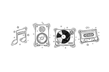 Hand-drawn musical icons: note, speaker, vinyl, cassette art