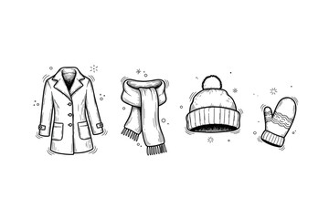 Winter clothing set: coat, scarf, hat, mittens in black and white sketch style