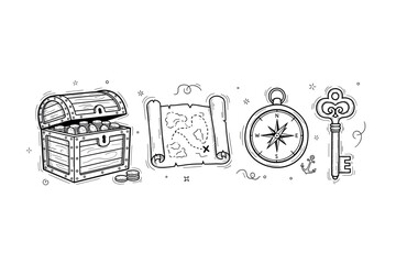 Treasure chest and adventure elements: map, compass, key, coins, nautical theme