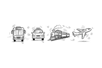 Hand-drawn sketches of bus, taxi, train, and airplane on white background